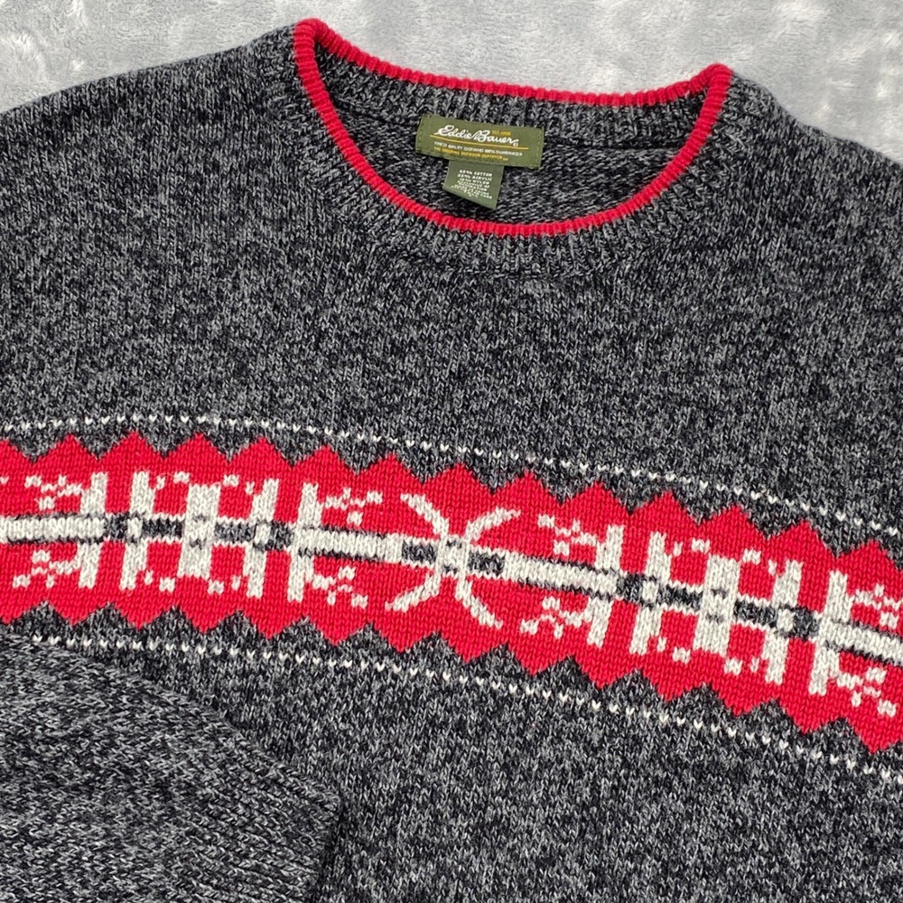 Eddie Bauer Mens Large Tall Fair Isle Sweater Charcoal Grey Red Cotton Blend